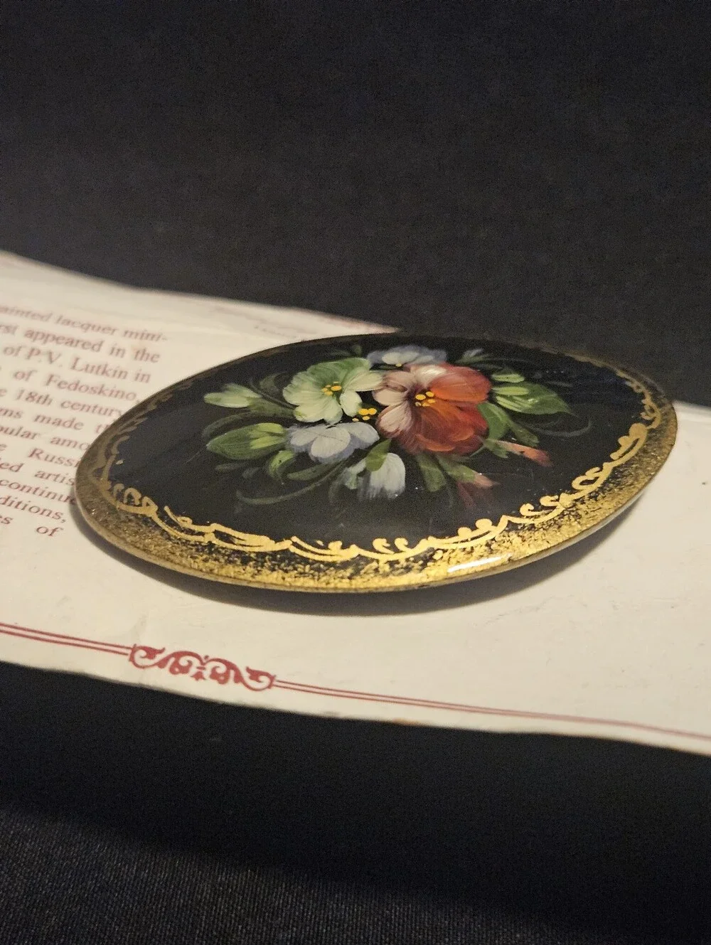 Vintage Fedoskino Russian Lacquer Brooch Pin Hand Painted Floral Pansies